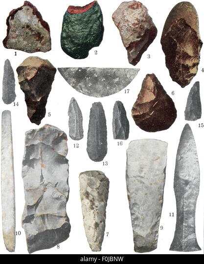 Collection of various stone tools including blades, scrapers, and points