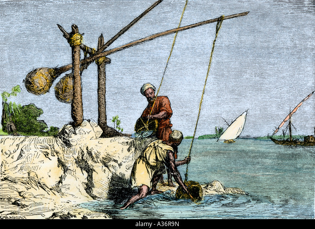 Ancient Egyptian shaduf water lifting device