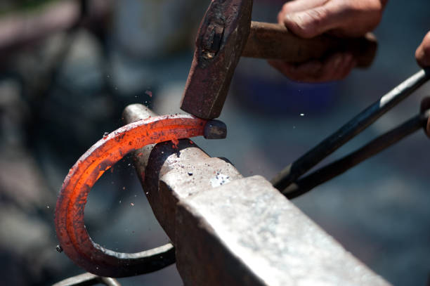 Blacksmith forging a horseshoe on an anvil