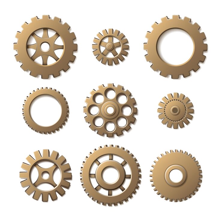 Collection of wooden gears showing various designs and tooth patterns